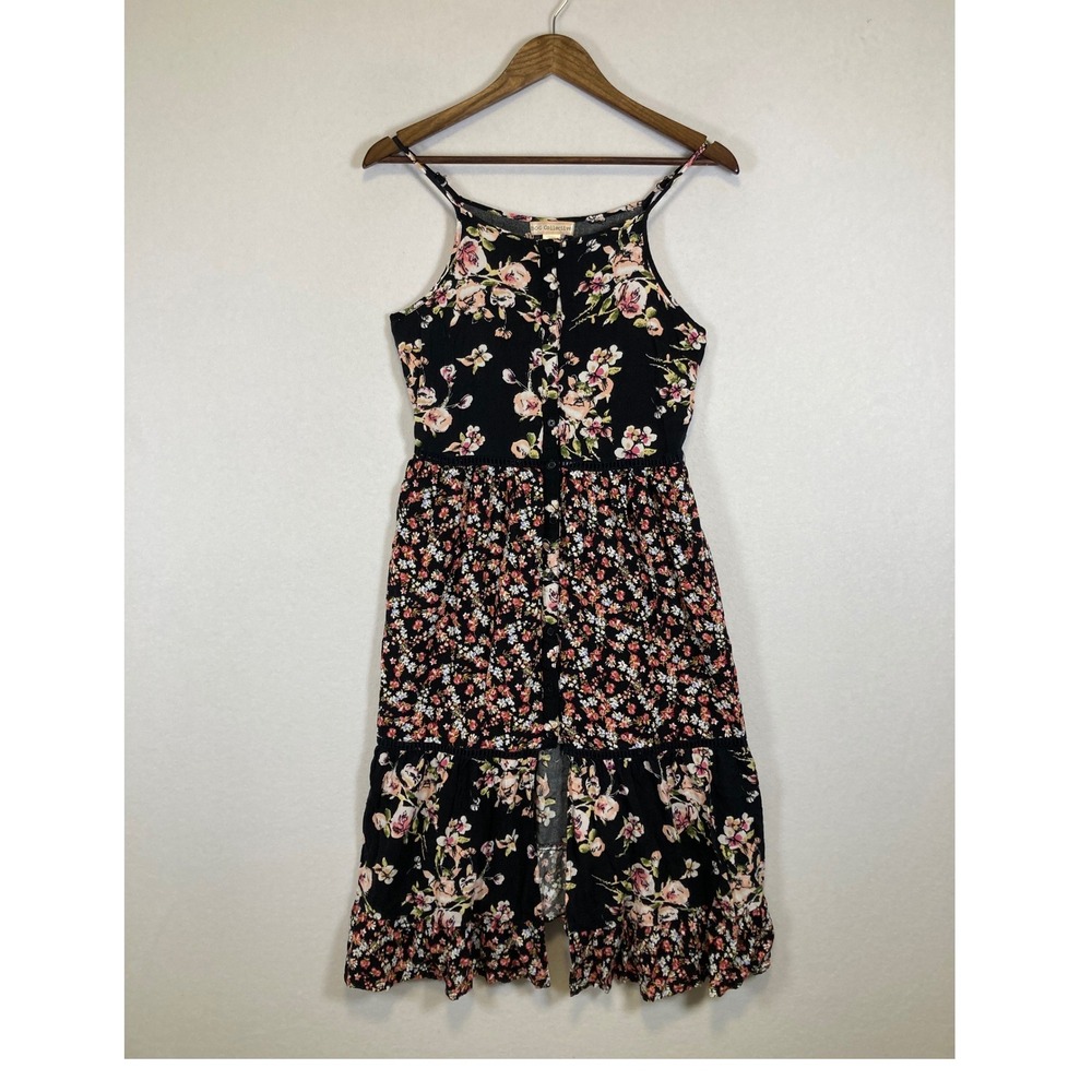 BOG Collective Floral Midi Dress‎ Womens Small Black Mixed Print Boho Tiered